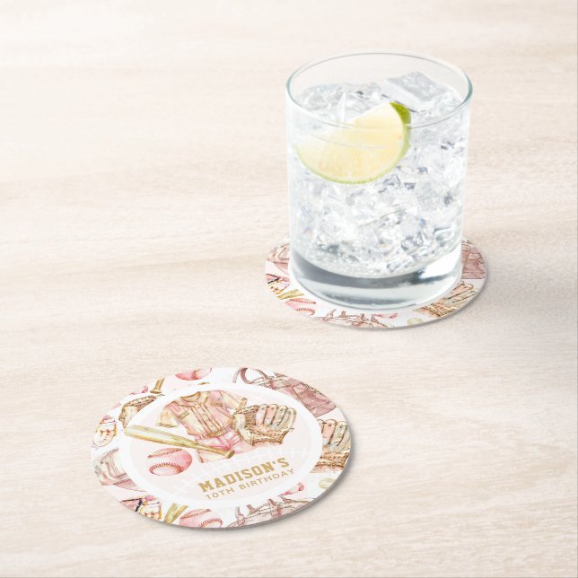 Personlig Girl Birthday Baseball Underlägg Papper Rund (Insitu)