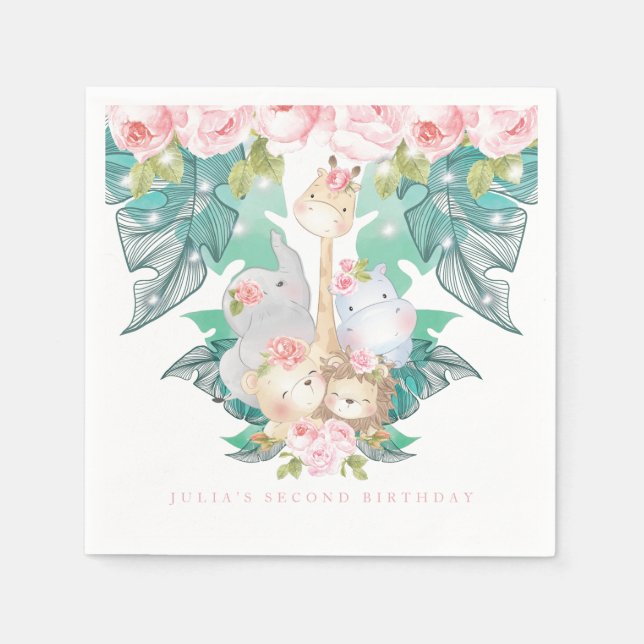 Personlig Girl Birthday Jungle Animals Pappersservett (Framsidan)