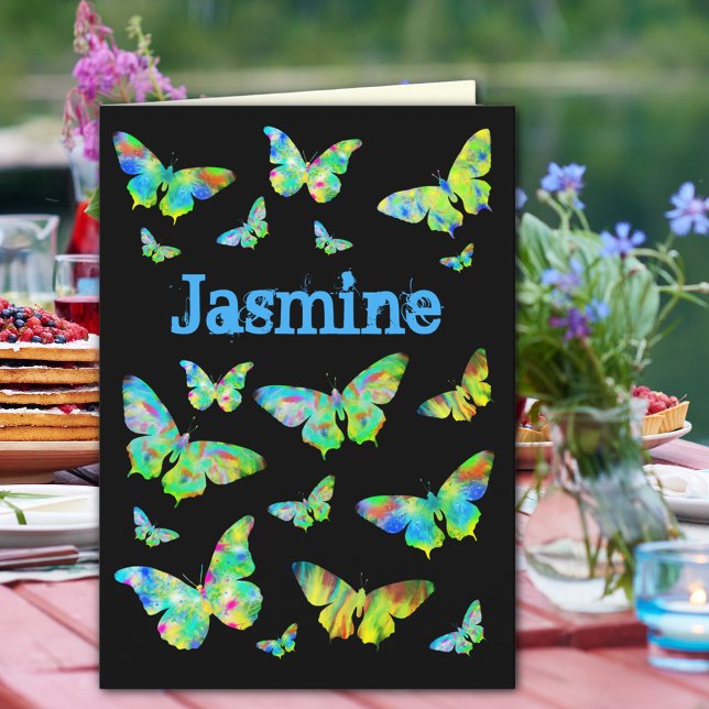 Personlig Girl Birthday Psychedelic Butterfly Kort (Funky psychedelic butterflies on black add name personalized happy birthday greetings card)