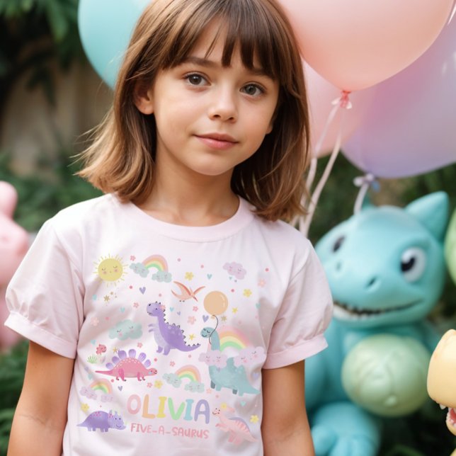 Personlig Girl Dinosaur T-Shirt Rainbow Dino (Girl Dinosaur Birthday T-shirt)