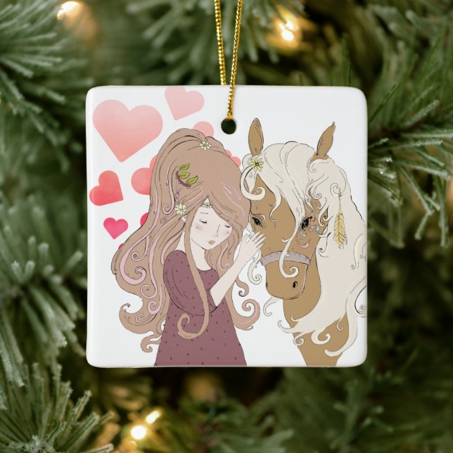 Personlig Girl, Horse and Hearts jul Julgransprydnad Keramik (Träd)
