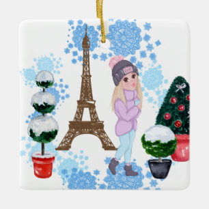 Personlig Girl in Paris Winter Eiffel Torn Julgransprydnad Keramik