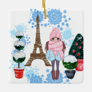 Personlig Girl in Paris Winter Eiffel Torn Julgransprydnad Keramik