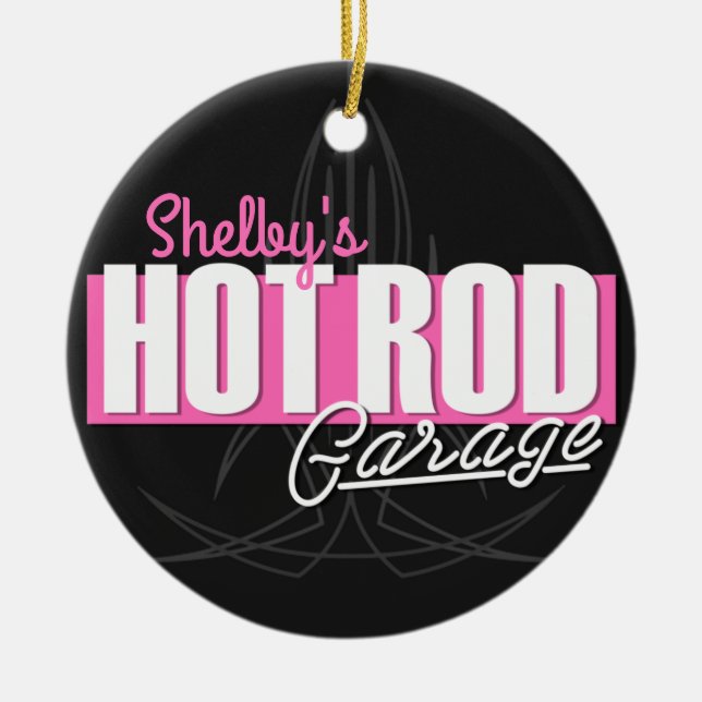 Personlig Girl NAMN Streck Hot rod Garage Julgransprydnad Keramik (Framsidan)