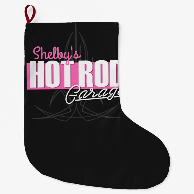 Personlig Girl NAMN Streck Hot rod Garage Stor Julstrumpa (Framsidan)