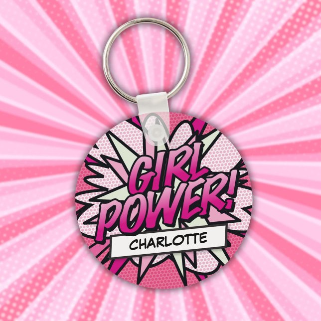 Personlig GIRL POWER Serietidning Rosa Nyckelring (Personalized GIRL POWER Comic Book Pink Keychain)
