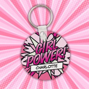 Personlig GIRL POWER Tecknad Bok Rosa Nyckelring