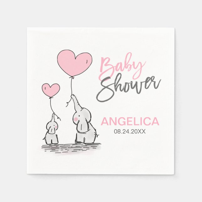 Personlig Girl Rosa Elephant Mamma & Baby Shower Pappersservett (Framsidan)