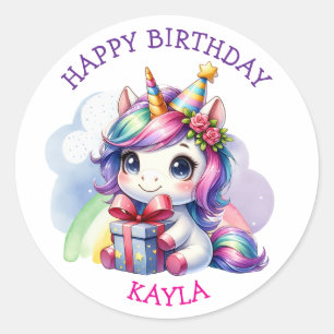 Personlig Girl's Birthday Unicorn Runt Klistermärke