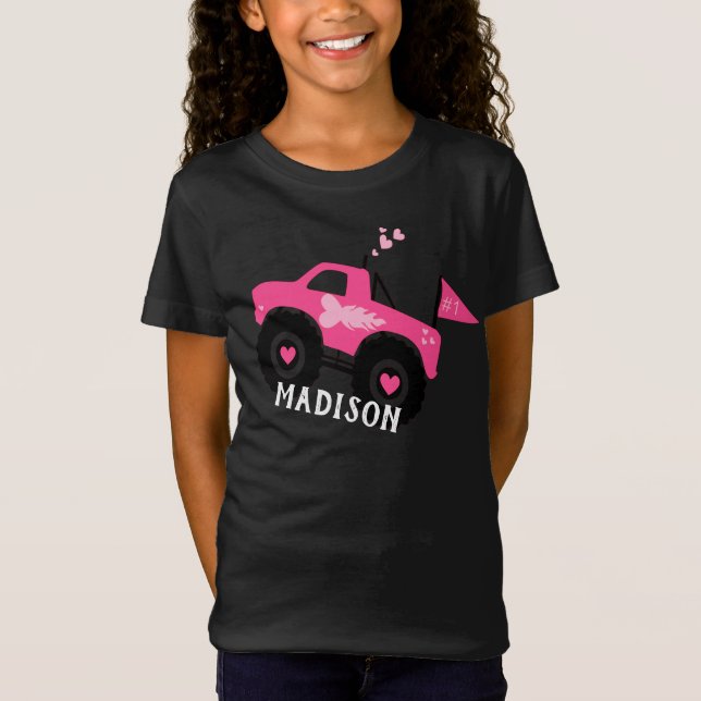 Personlig Girls Cute Rosa Monster Lastbil T Shirt (Framsida)