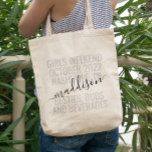 Personlig Girls Helg Resa Anpassningsbar Tygkasse<br><div class="desc">Personlig Girls Helg Anpassningsbar Tote Bag med redigerbar text och text för ditt datum,  mål eller plats,  namn,  och roligt citat som "besties,  buds och Drycker" gör en roligt och användbar keepVII för din resepatod eller dina brudar.</div>