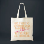 Personlig Girls Helg Resa Rosa Orange Anpassningsb Tygkasse<br><div class="desc">Personlig Bright Shock rosa och Orange Girls Helg Resa Anpassningsbar Tote Bag med redigerbar text och text för ditt datum,  mål eller plats,  namn,  och roligt citat som "besties,  buds och Dragis" gör en roligt och användbar keepsaké för din reseledare eller dina brudar.</div>