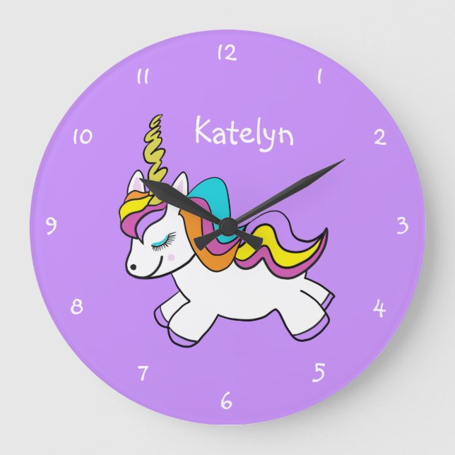Personlig Girls Lila Unicorn Stor Klocka (Framsida)