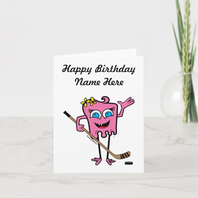 Personlig Girls Rosa Hockey Monster Birthday Kort (Framsida)