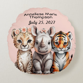 Personlig Girly Cute Safari Animal Nyfödd bebis Rund Kudde