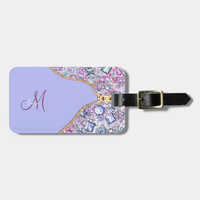 Personlig Girly Guld Glitter Monogrammed Blue Bagagebricka (Horisontell Framsida)