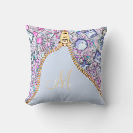 Personlig Girly Guld Glitter Monogrammed Blue Kudde
