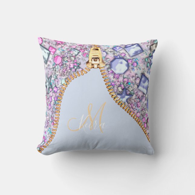 Personlig Girly Guld Glitter Monogrammed Blue Kudde (Framsida)