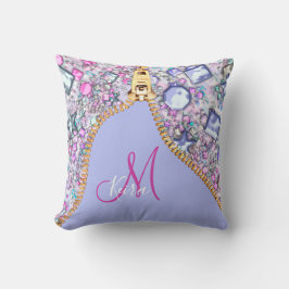 Personlig Girly Guld Glitter Monogrammed Blue Kudde