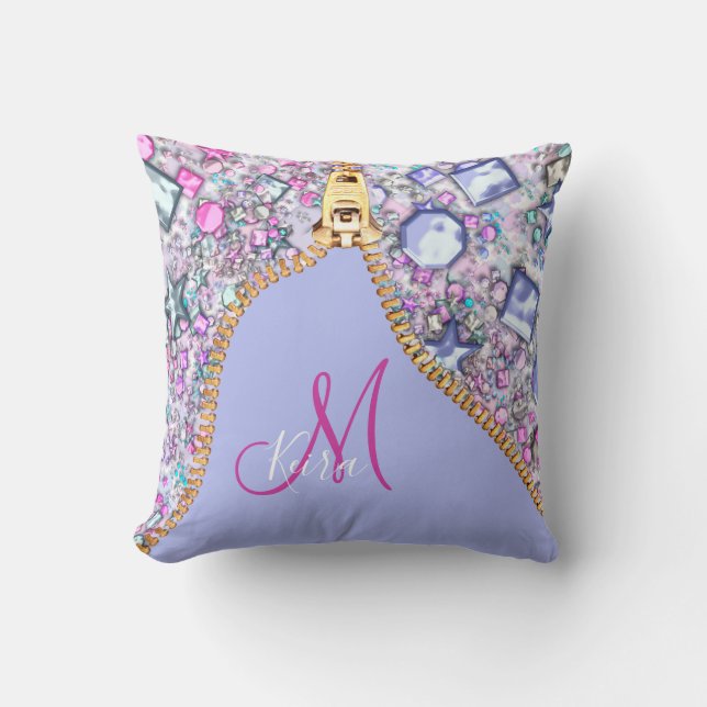 Personlig Girly Guld Glitter Monogrammed Blue Kudde (Framsida)