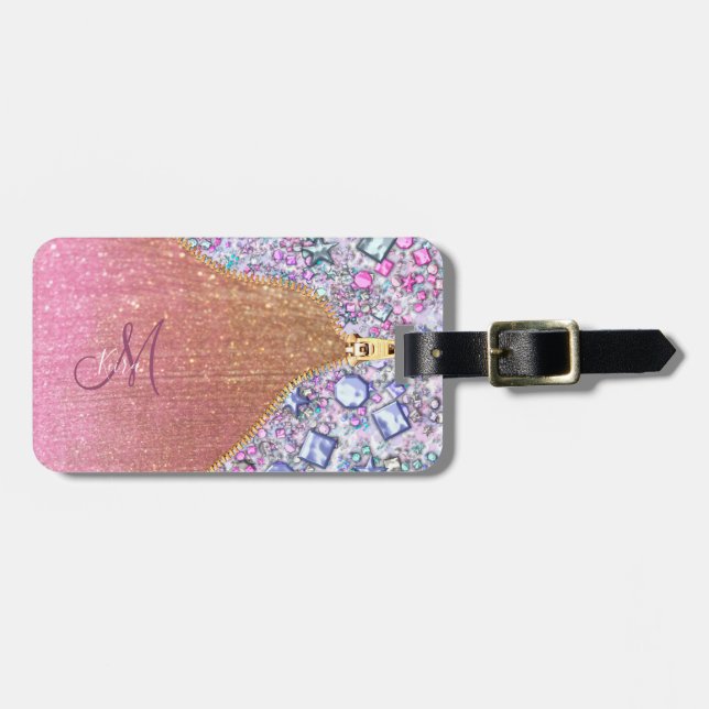 Personlig Girly Guld Glitter Monogrammed Ro Bagagebricka (Horisontell Framsida)