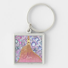 Personlig Girly Guld Glitter Monogrammed Ro Fyrkantig Silverfärgad Nyckelring