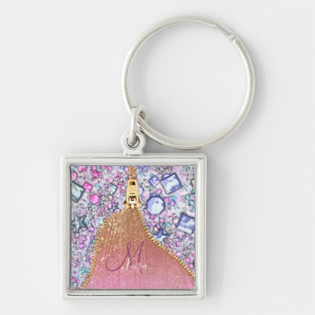 Personlig Girly Guld Glitter Monogrammed Ro Fyrkantig Silverfärgad Nyckelring (Framsidan)