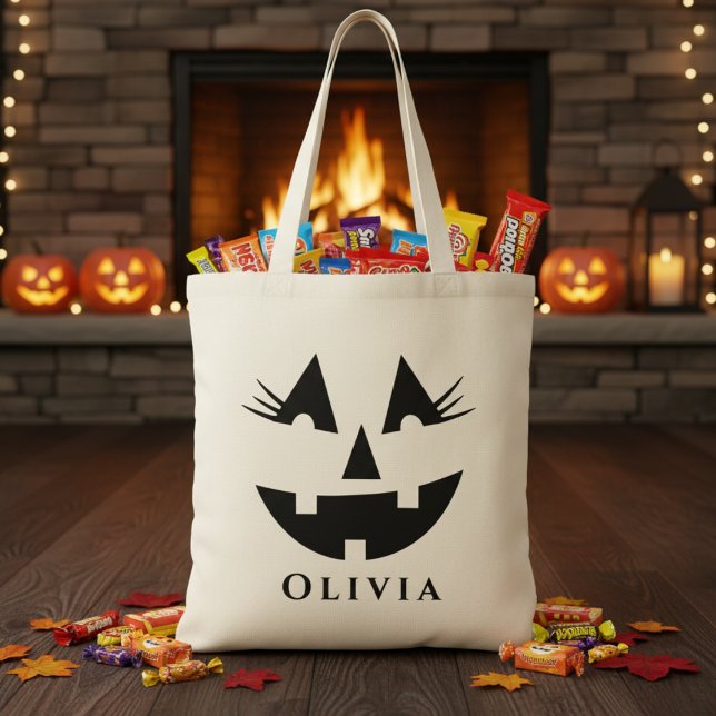 Personlig Girly Pumpkin Ansikte Halloween Tygkasse (Personalized Girly Pumpkin Face Halloween Tote Bag - Just add your trick-or-treater's name!)