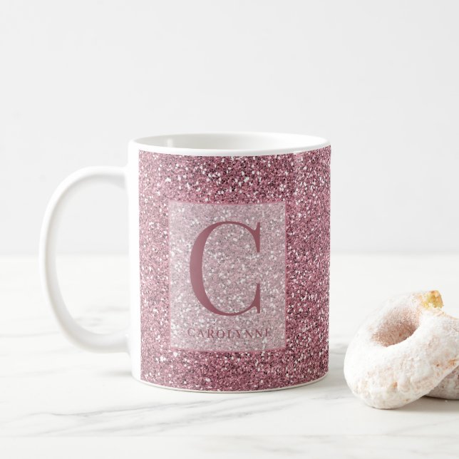 Personlig Girly Ro Guld Rosa Glitter Monogram Kaffemugg (Med munk)