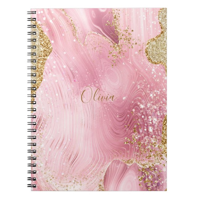 Personlig Girly Rosa Agate w/Guld Glitter Anteckningsbok (Framsidan)