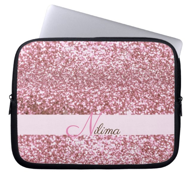 Personlig Girly rosa Faux Glitter Sparkles Namn Laptop Fodral (Framsidan)