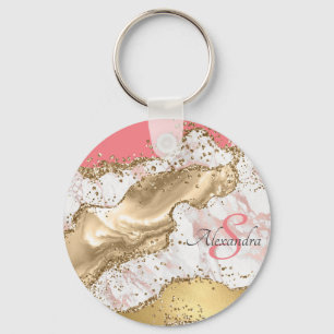 Personlig Girly Rosa Glitter Agate Monogrammed mon Nyckelring
