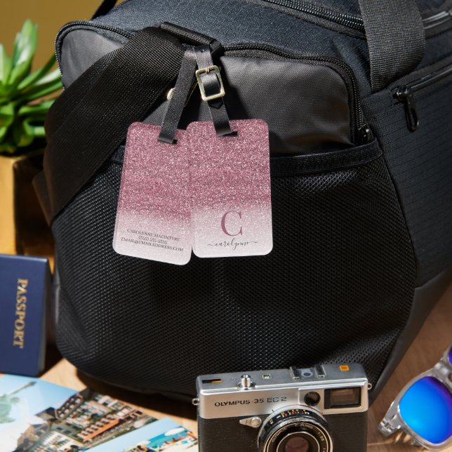 Personlig Girly  Rosa Glitter Monogram Bagagebricka (Fram & Baksida)