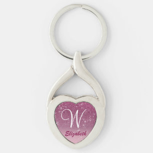 Personlig Girly Rosa Glitter Sparkles Monogram Twisted Heart Silverfärgad Nyckelring