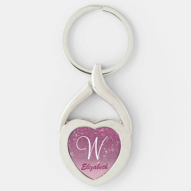 Personlig Girly Rosa Glitter Sparkles Monogram Twisted Heart Silverfärgad Nyckelring (Framsidan)