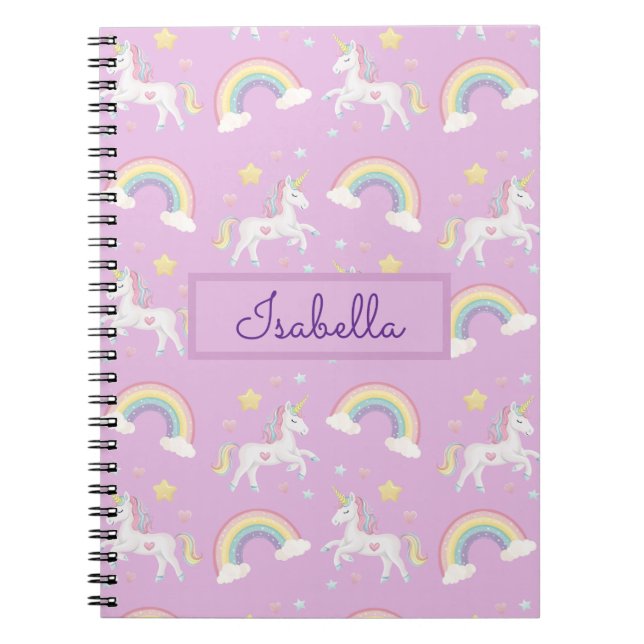 Personlig Girly Whimsical Unicorn Rainbow Anteckningsbok (Framsidan)