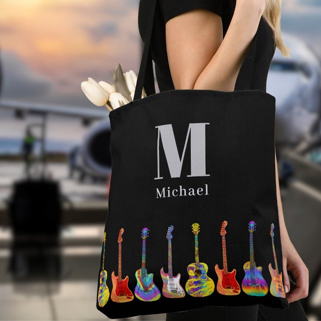 Personlig gitarr tygkasse (Funky guitar pattern on black personalized monogram musicians tote bag)