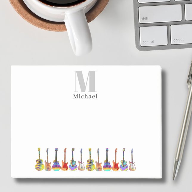 Personlig gitarrmusiker låtskrivare monogram post-it block (Colorful guitar pattern custom musician guitar music teacher songwriter performer monogram postit )