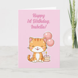 Personlig Glad 1-årsdag Flicka, Söt Kattunge Kort