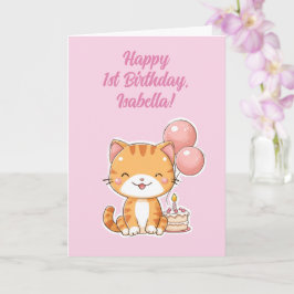 Personlig Glad 1-årsdag Flicka, Söt Kattunge Kort