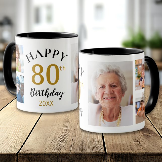 Personlig Glad 80-årsdag 5 Foto Collage   Mugg (Skapare uppladdad)
