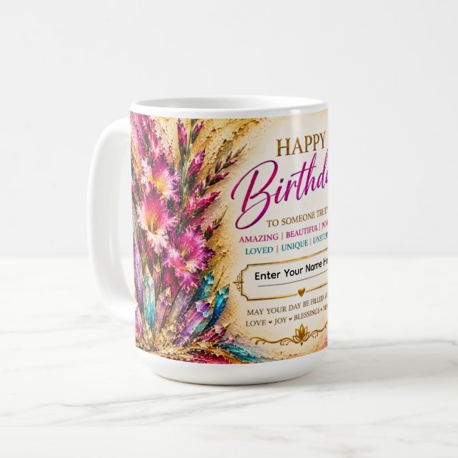 Personlig Glad Födelsedag™ Augusti Födelsedagsblom Kaffemugg (Framsida vänster)