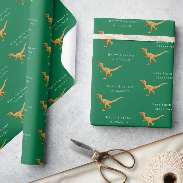 Personlig Glad Födelsedag Dinosaurie Presentpapper (Personalized boy name happy birthday dinosaur velociraptor green gift wrapping paper Fun raptor dino)