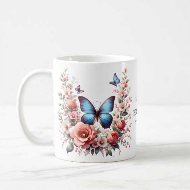 Personlig Glad Födelsedag Fjäril Blommor-96280 Kaffemugg (Vänster)