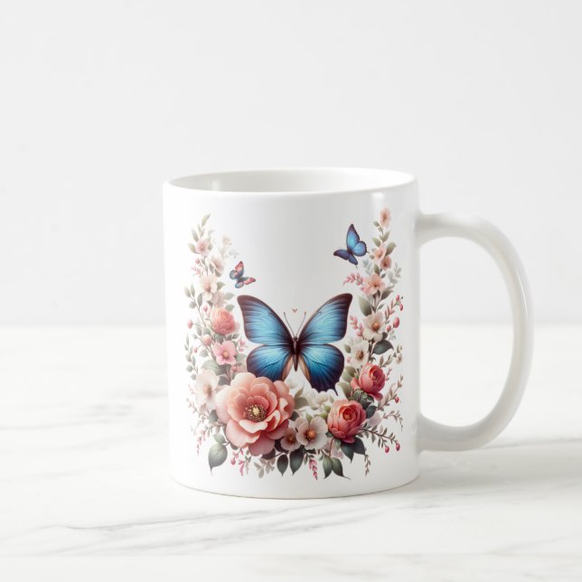 Personlig Glad Födelsedag Fjäril Blommor-96280 Kaffemugg (Höger)