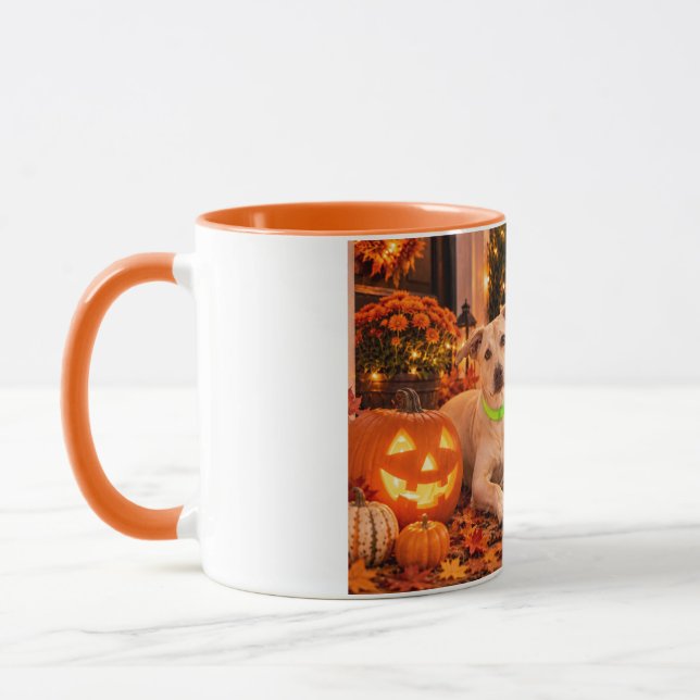 Personlig Glad Halloween Hund och Höstlöv Mugg (Vänster)