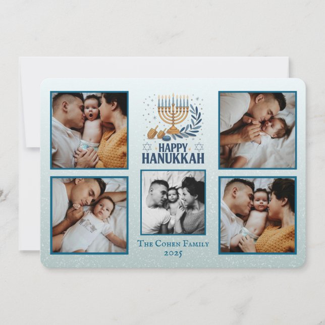 Personlig Glad Hanukkah-kort med 5 foton Julkort (Framsida)