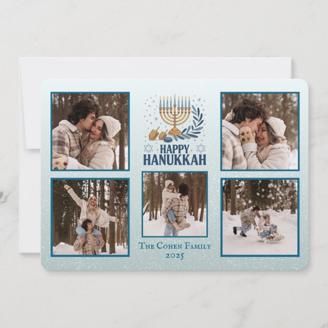 Personlig Glad Hanukkah-kort med 5 foton Julkort (Framsida)