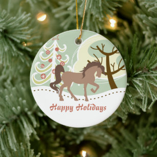 Personlig Glad helg Brown Horse Winter Julgransprydnad Keramik