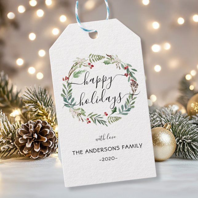 Personlig Glad helg vattenfärgskrans Presentetikett (Personalized Happy Holidays watercolor wreath Gift Tags)